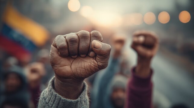 Close-up of diverse hands raised in protest, symbolizing unity and social justice movement