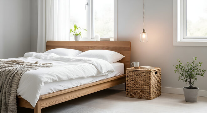 A serene and modern bedroom interior with a wooden bed frame, white linens, and a woven nightstand, illuminated by natural light and a pendant lamp, exuding a sense of calmness and coziness 