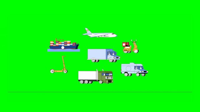 2D Illustration of Displays of Various Logistics Modes Including Air Transport, Shipping, Trucks, Scooters, Moped, Trailer and Emergency Vehicles on Green Background