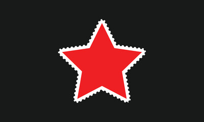 Fototapeta premium A striking red star graphic featuring a white serrated postage-stamp border, isolated on a solid black background. Ideal for modern icons, decorative badges, and creative digital art