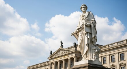 Fototapeta premium Statue of Friedrich Schiller in front of the Konzerthaus Berlin, Germany, under a bright blue sky with white clouds.