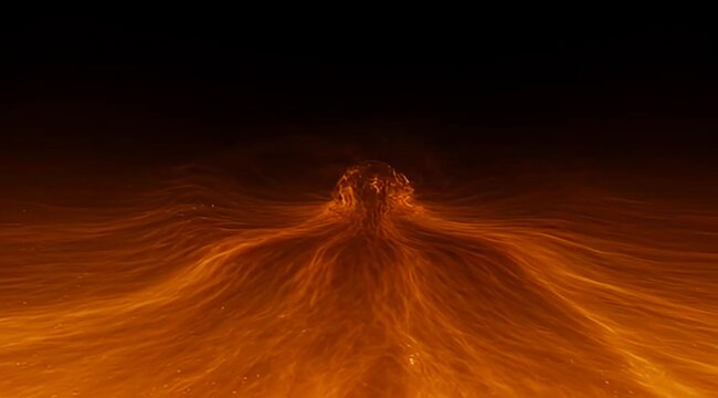 Abstract molten orange lava landscape with a central fluid structure rising upward