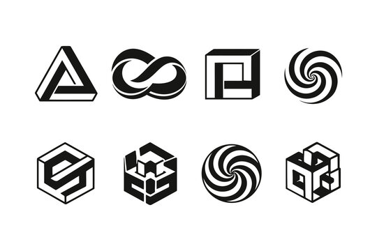 Eight abstract 3d geometric and impossible figures in monochrome design style