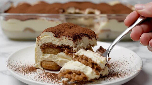 Close-up of a layered tiramisu cake slice on a white plate being pierced by a silver fork, featuring visible ladyfingers, mascarpone cream, and cocoa powder dusting on a marble surface.