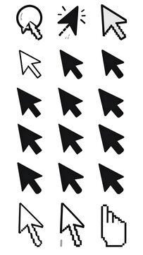 A collection of fifteen different computer cursor icons, with various styles including solid, outlined, and pixelated designs, arranged in vertical columns