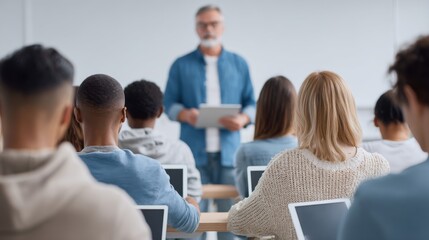 Fototapeta premium Diverse students attentively listen to mature instructor presenting lesson on laptops in bright classroom