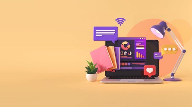 Modern 3D Tech Workspace Animation with Laptop, Creative Digital Marketing Icons, and Office Desk Elements for Educational Content