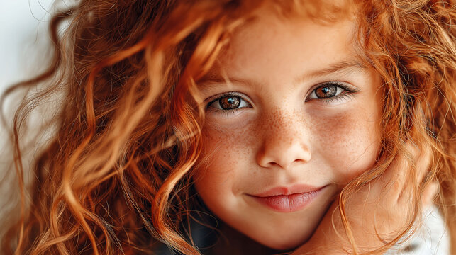 Close up portrait of smiling child with red curly hair and freckles looking at camera. Natural light and warm tones create friendly lifestyle concept of innocence and happiness.