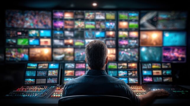 Broadcaster monitors multiple live video feeds on a massive screen wall in a control room