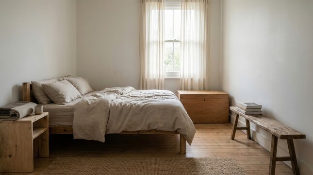 Simple bedroom interior with linen bedding and unpolished wooden furniture. Calm modest lifestyle concept.