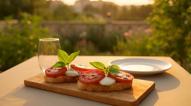 Caprese bruschetta with balsamic glaze in golden sunlight with a garden backdrop