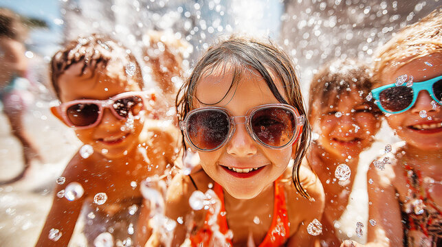 Group of children wearing sunglasses splashing water and smiling at camera on sunny day. Summer vacation concept with fun friendship outdoor activity and joyful emotions.