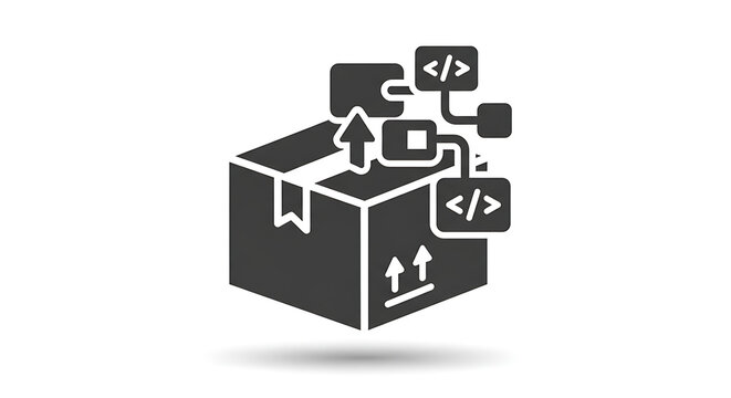 Black box with coding symbols and arrows on white background for software development