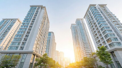 Fototapeta premium Modern High Rise Apartment Buildings with Lush Green Trees Under a Bright Sunny Sky