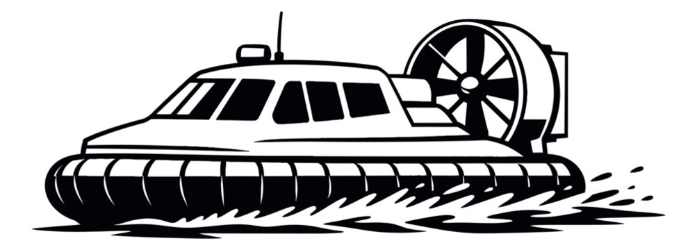 Line art illustration of a hovercraft depicting movement on water with splashes for transportation design