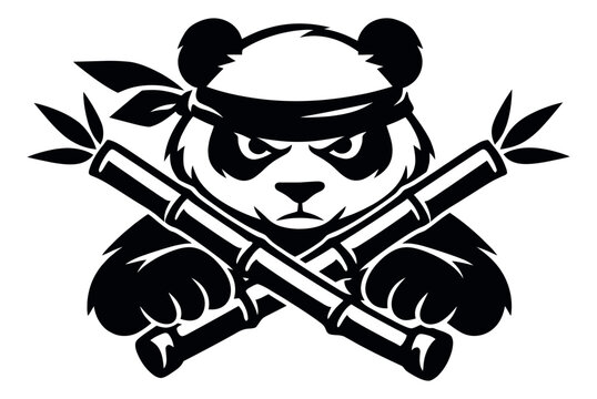 Graphic illustration of a fierce panda mascot depicting an angry expression and holding crossed bamboo sticks for sports branding