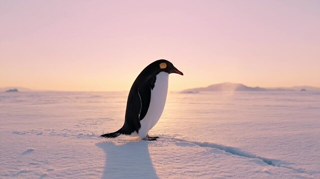 Lone Emperor Penguin Stands Proudly on the Frozen Landscape at Sunset or Sunrise