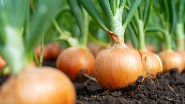 Onions Growing in the Garden With Space for Text in a Clear Daylight Setting