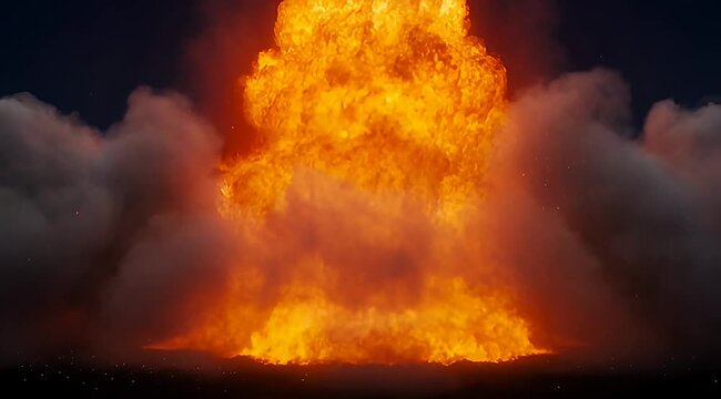 Dramatic view of a massive fiery explosion with billowing smoke clouds and embers