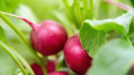 Obraz premium Radish Growing in Garden With Green Leaves and Space for Text