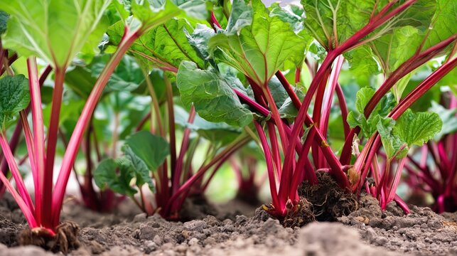 Rhubarb Plants Growing in a Garden With Space for Text and Nature Background
