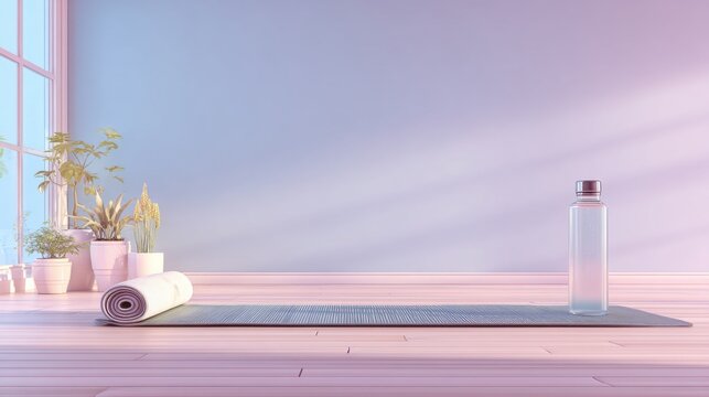 Serene Yoga Mat and Water Bottle in a Bright, Sunlit Room with Plants