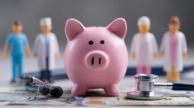 Pink Piggy Bank With Miniature Medical Professionals and Stethoscopes Symbolizing Healthcare Savings and Financial Planning