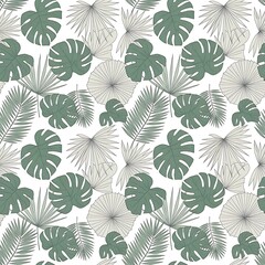 Obraz premium Tropical Leaves Pattern - Monstera, Palm, and Fan Leaves on White.