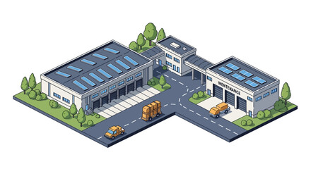 Obraz premium Isometric vector illustration showcasing a detailed military logistics base complex with warehouses, vehicles, and miniature character icons, set against a clean white background