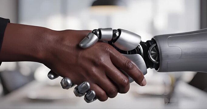 Human and robot handshake in modern office, AI collaboration concept
