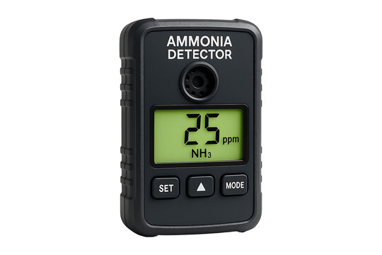 Detailed view of a black ammonia detector device with digital display on transparent background