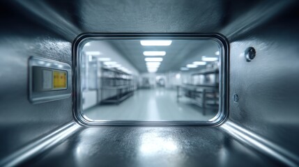 Fototapeta premium Inside Futuristic Research Laboratory Corridor with Observation Window and Bright Lights