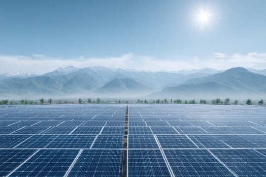 Vast solar panel array under a bright sun with a majestic mountain range backdrop