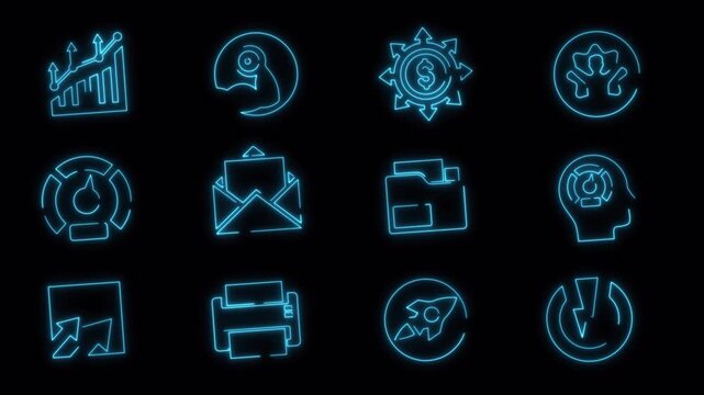 Animated Neon Blue Business and Technology Icon Pack (Transparent)