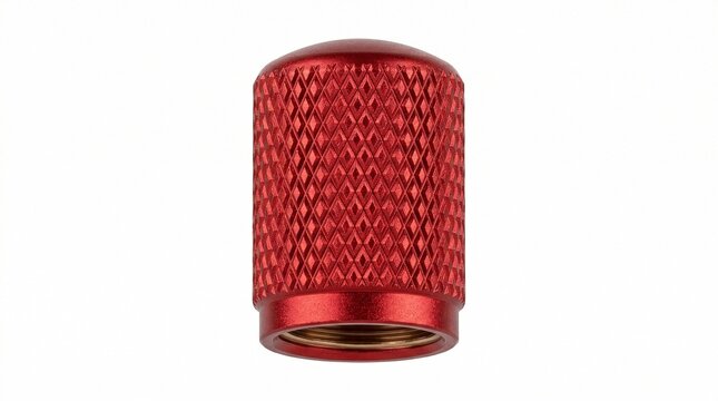 Red anodized aluminum valve stem cap isolate on white background. Sporty automotive tuning accessory for wheel protection and custom vehicle styling. Durable knurled metal part.
