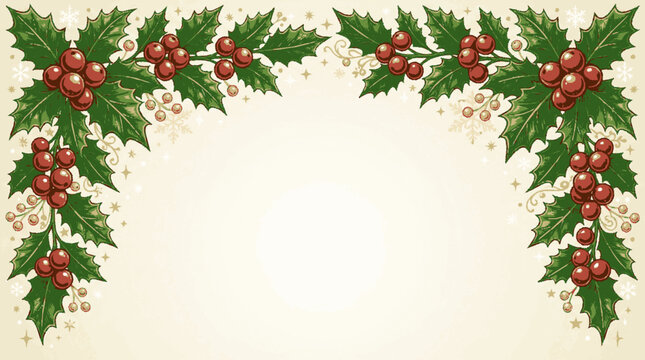 A festive holiday border featuring holly leaves and red berries on a cream background