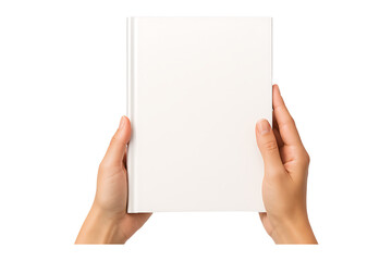 Obraz premium Hands holding a blank white book mockup ideal for design projects on transparent background