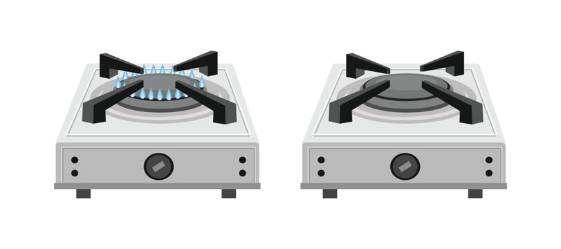 Portable Gas Stove with Flame On and Off. Butane Gas Stove. Gas Burner Stove. Kitchen stove illustration.