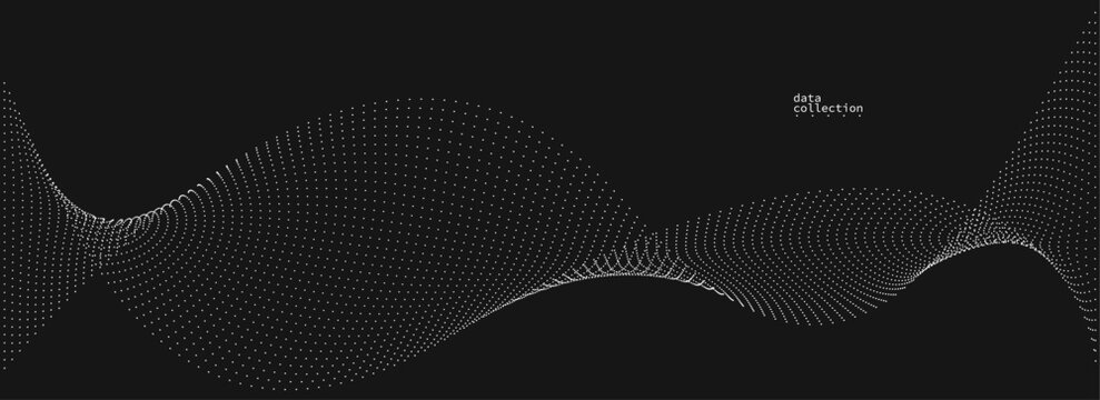 Grey abstract background, vector wave of flowing particles over black, curvy lines of dots in motion, technology and science theme, airy and ease futuristic illustration.