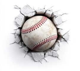 Obraz premium Dynamic baseball bursting through a cracked white wall, symbolizing power and impact