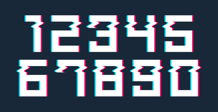 Glitch noisy geometric vector numbers set in analog style, futuristic cyberpunk numerals with digital grunge effect, matrix style math symbols.