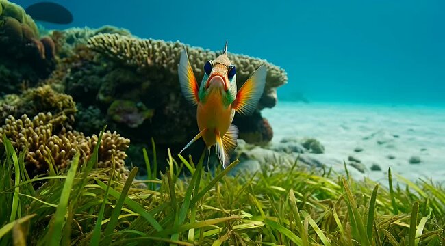 Portrait of a colorful anthias fish with coral reef and seagrass background