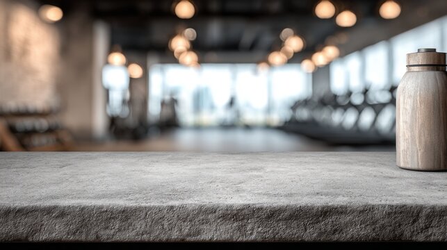 Close-up of a concrete surface in a modern gym with treadmills and windows, featuring a wooden supplement bottle in the foreground.