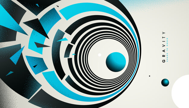 Blue colored gravity concept illustrating controlled attraction, depth, and focused motion as element converge into a calm, structured center.