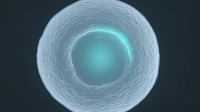 A glowing blue cell exhibits a mesmerizing internal structure under microscopic view in a laboratory setting.