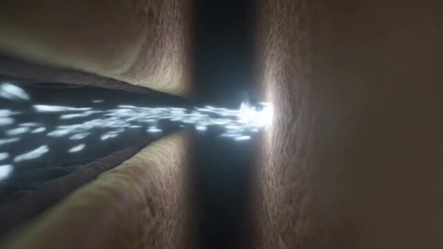 Light shines through narrow passageway with dark walls and white spots