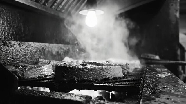 Black and white shot of salmon filets grilling on a smoky restaurant griddle beneath a bright light.