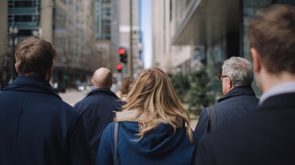 Fototapeta premium Diverse group of professionals walking together on a city street towards office buildings