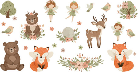 Naklejka premium Whimsical forest creatures and plants with fairies and animals in a magical setting with trees and flowers everywhere