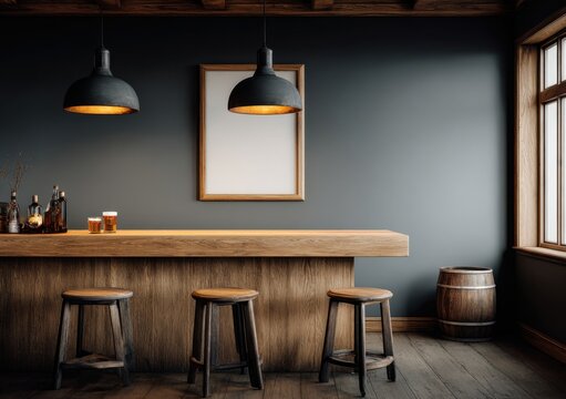 Rustic wooden bar interior with pendant lights, stools, and a framed blank picture, creating a cozy pub atmosphere.